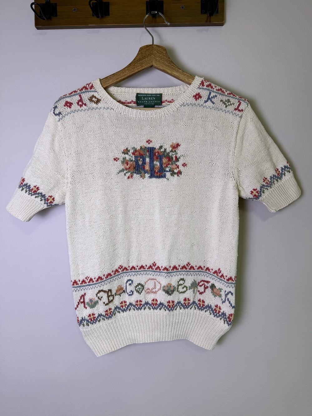 Vintage Lauren Ralph Lauren Hand Knit Cotton Floral Monogram Sweater Petite P/P